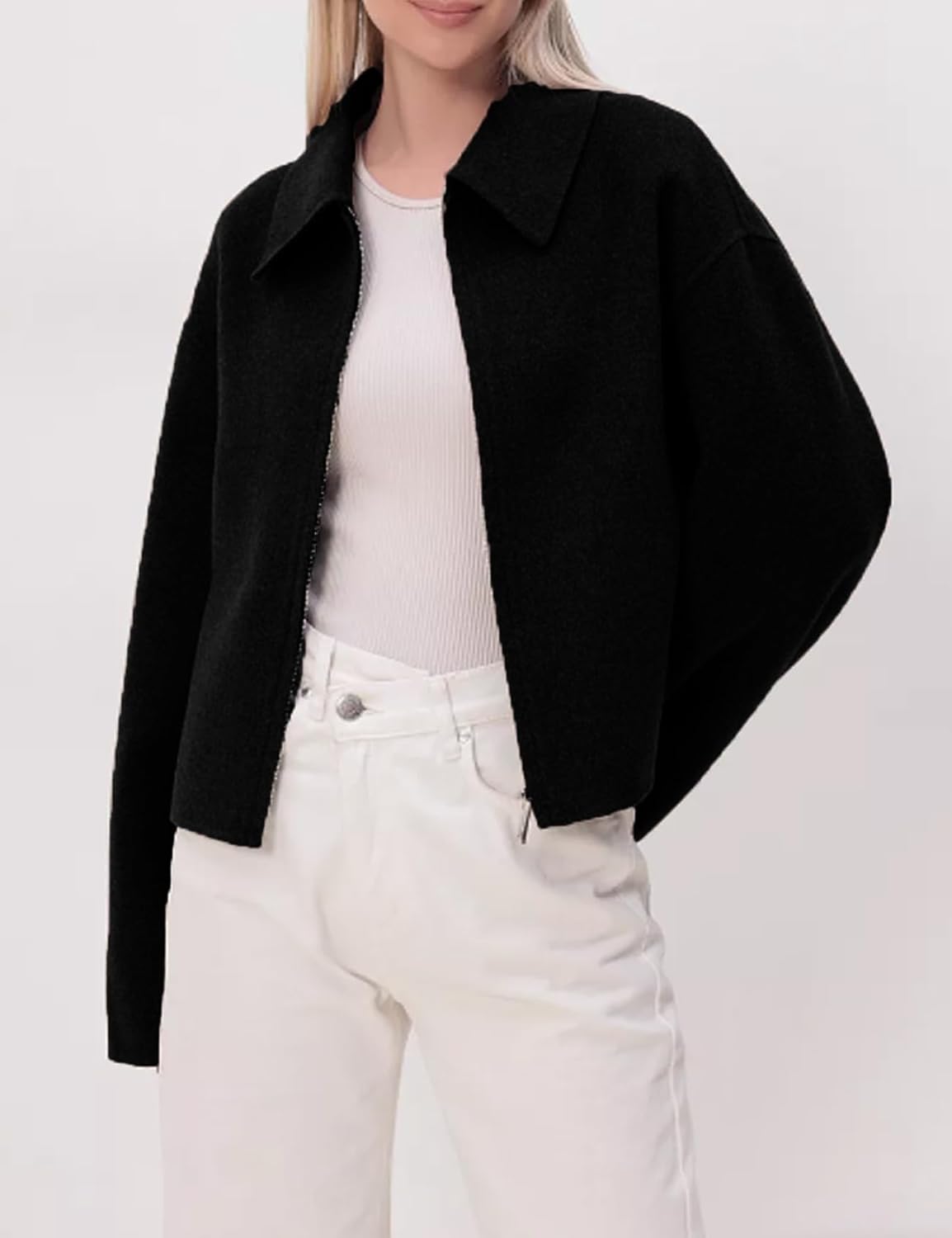 BQDCQB Womens Cropped Wool Jacket Warm Winter Fleece Bomber Jacket Zip Up Short Pea Coats with Pockets - Image 3