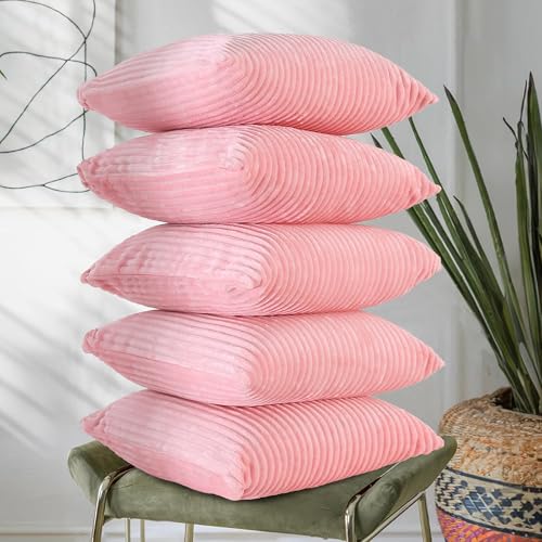 Image of RD TREND Cushion Cover Set of 5, Decorative Sofa Living Room Home Square Cushion Covers 16 Inch x 16 Inch, Aesthetic Corduroy Striped Double Sided (Peach,Pack of 5)