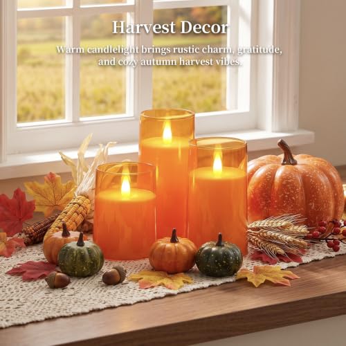 Image of Homemory Orange Flameless Candles Realistic Flickering with Remote for Fall | Halloween Candles Battery Operated with Timer, LED Fake Electric Pillar Candles for Home, Holiday Decor, Set of 3