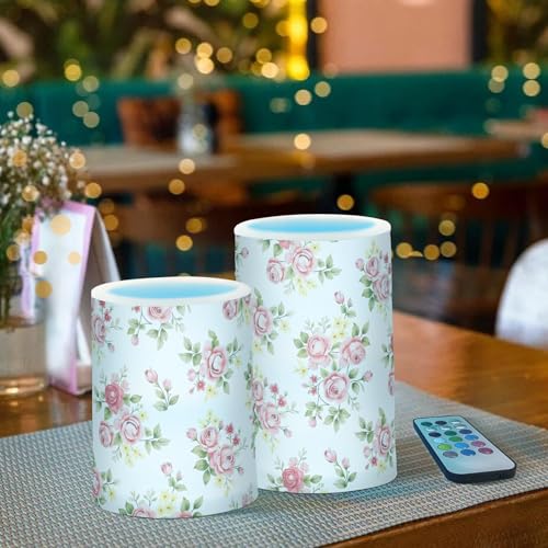 Image of Lights Flameless Candles Pink Rose Flower Floral Pillar Candles Set of 2 Battery Operated Remote Control Warm Lights Home Decor