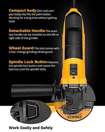Dekopro 110V Angle Grinder, 4-1/2" Max. Wheel Dia., 7.5A Grinders Power Tools, 12000Rpm No Load Speed, 1 Grinding Wheel, Grinder Tool For Grinding, Sanding, Wire Brushing Or Abrasive Cutting-Off #TOP5