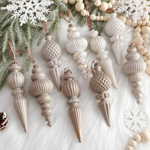 image for Yunlly 9 Pcs Neutral Christmas Ornaments Textured Christmas Tree Decor