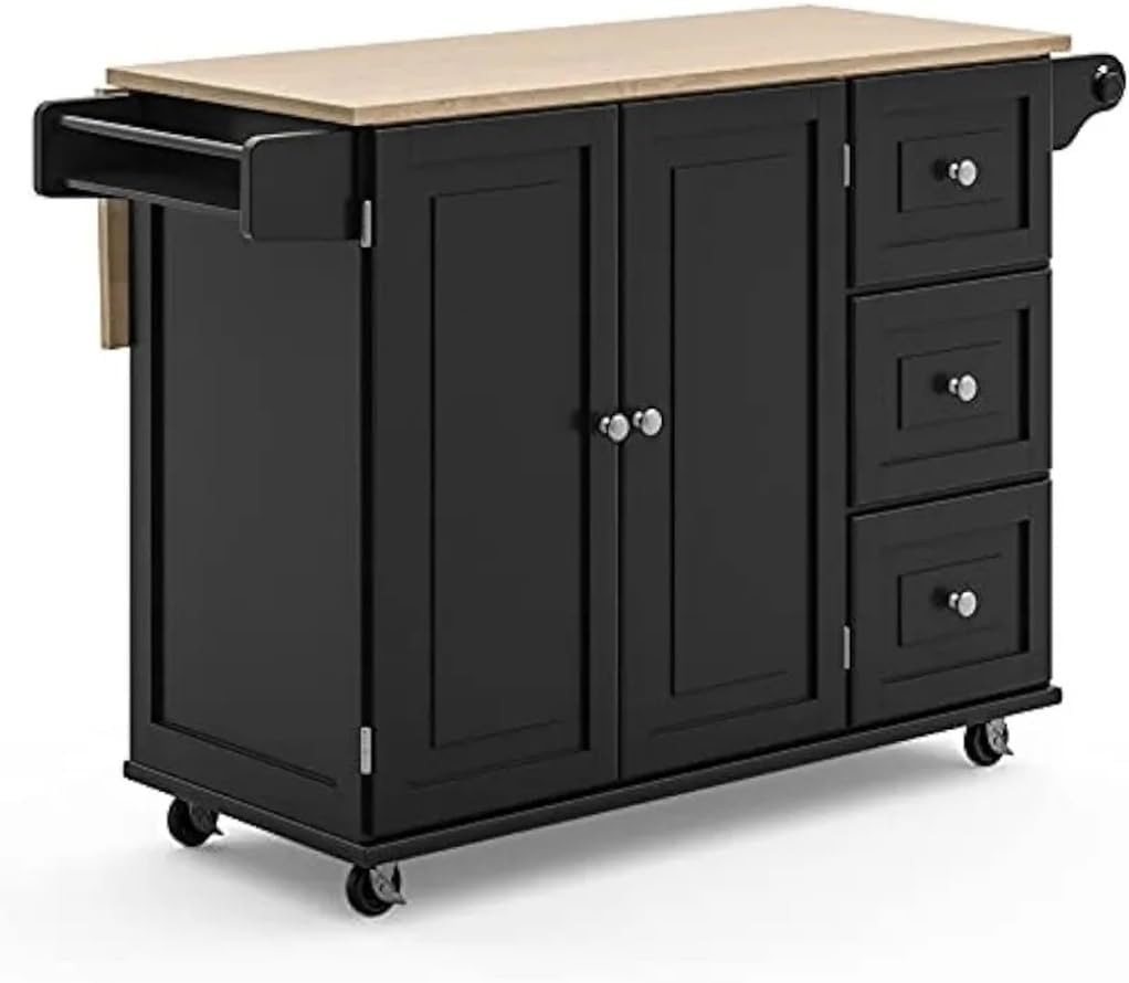 Kitchen Cart with Wood Top and Drop Leaf Breakfast Bar Rolling Mobile Island 54 Inch Width Black