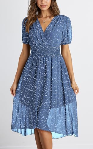 PRETTYGARDEN Women's Floral Wrap V-Neck Midi Dress Short Sleeve Boho Summer Beach Long Dress High Low Hem Smocked Dress Women4