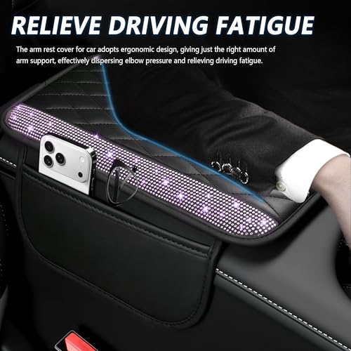 Image of Stacool Upgraded Car Center Console Cover with Rhinestones,Microfiber Leather Car Armrest Cover Cushion with 2 Storage Bags,Universal Cars Armrest Storage Box as Cars Interior Accessories