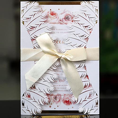 Invitation de mariage découpée au laser chic avec ruban et enveloppe pour fiançailles - 5