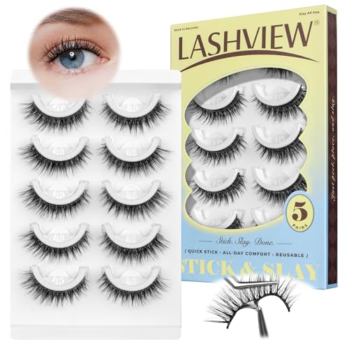 LASHVIEW Self Adhesive Eyelashes, 5 Pairs Natural Look Press On Lashes No Glue Need Eyelashes Reusable Cat Eye Wispy Self-adhesive False Lashes with Replacement Adhesive Strips (C122)