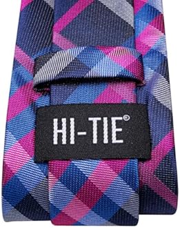 Hi-Tie Mens Plaid Ties Classic Paisley Necktie with Handkerchief Cufflinks Set Business Stripe Tie