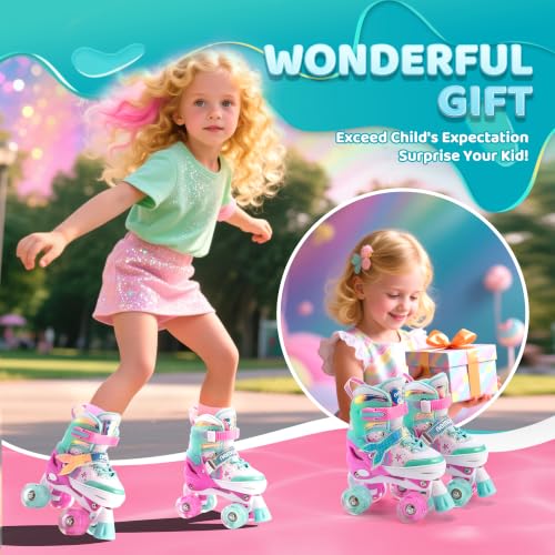 Image of NEMONE Mermaid 4 Size Adjustable Light up Roller Skates for Girls, Green Rose Skates for Toddlers, Beginner Kids Roller Skates Indoor Outdoor (Green L)
