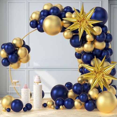 Image of Navy Blue and Gold Balloons Arch Garland Kit, 5 10 12 18 inch Royal Blue Gold Balloons with Explosion Star Balloons 101pcs Balloons for Anniversary Wedding New Year Birthday Party Decorations