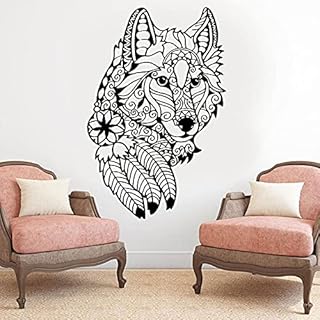 AiEnmaw - Adesivo da parete in vinile con motivo mandala lupo, piume boho e testiera, decorazione per la casa, soggiorno, camera da letto, 57 x 87 cm