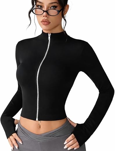 Women’s Ribbed High Neck Front Zip Crop Top | Full Sleeve Bodycon Slim Fit Stretch | Casual Party Clubwear Korean Style Fa...