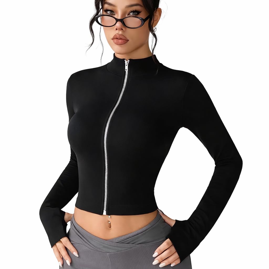 Women’s Ribbed High Neck Front Zip Crop Top | Full Sleeve Bodycon Slim Fit Stretch | Casual Party Clubwear Korean Style Fa... - Review, Price and Buying Guide