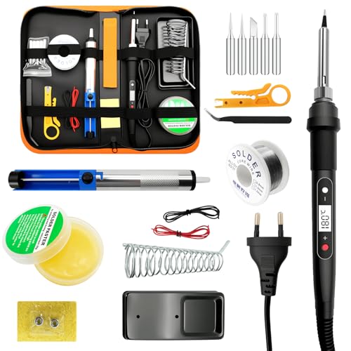 pkegpud Fer à Souder Kit 100W Température Réglable de 180-520°C fer a Souder Etain 16-en-1 Soudure Electronique de Precision Set avec 5 Pointes, Fil à...