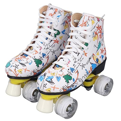 Roller Hockey Skates Double Row 4 Wheel Roller Skates Graffiti Roller Skates Skating Shoes Adjustable Roller Skates for Kids and Adults White (39)