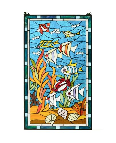 20" x 33.75" Fish under the Sea Handcrafted hanging stained glass window panel