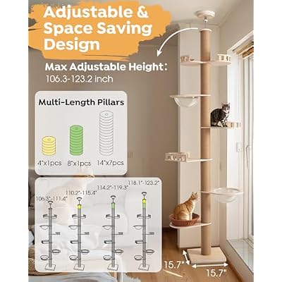 Veehoo Floor to Ceiling Cat Tree Height(106-123 Inch) Adjustable, Sturdy Tall Cat Tree with 4.3 Thickened Scratching Posts, Floor to Ceiling Cat Tower for Indoor Cats