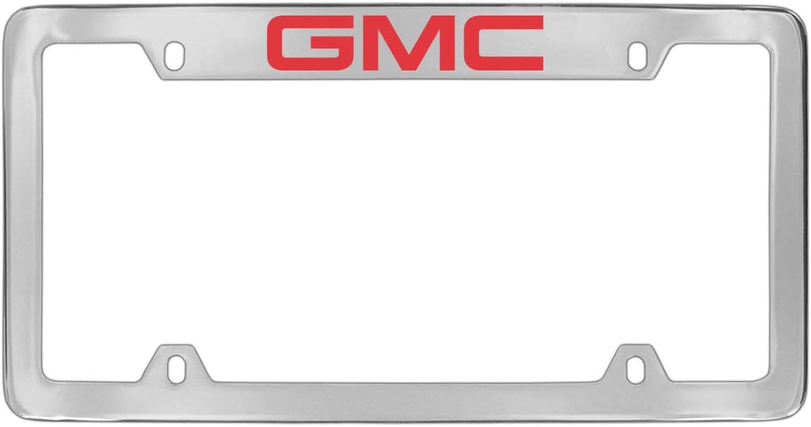 GMC Red Logo Chrome Plated Metal Top Engraved License Plate Frame Holder