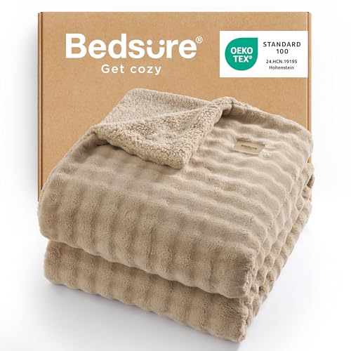 Bedsure GentleSoft Cloud Bubble Sherpa Throw Blanket for Couch, Fluffy Fuzzy Thick Warm Blanket for Winter, Fleece Cozy Plush Throw Gifts for Women, Comfort Room Decor, Light Brown, 108x90 Inches