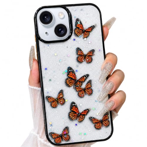 Image of VONZEE for iPhone 15 Clear Glitter Butterfly Case, Cute Bling Sparkle Shiny Soft TPU Bumper Shockproof Women Girls Slim Protective Phone Cover for iPhone 15 6.1 inch,Black