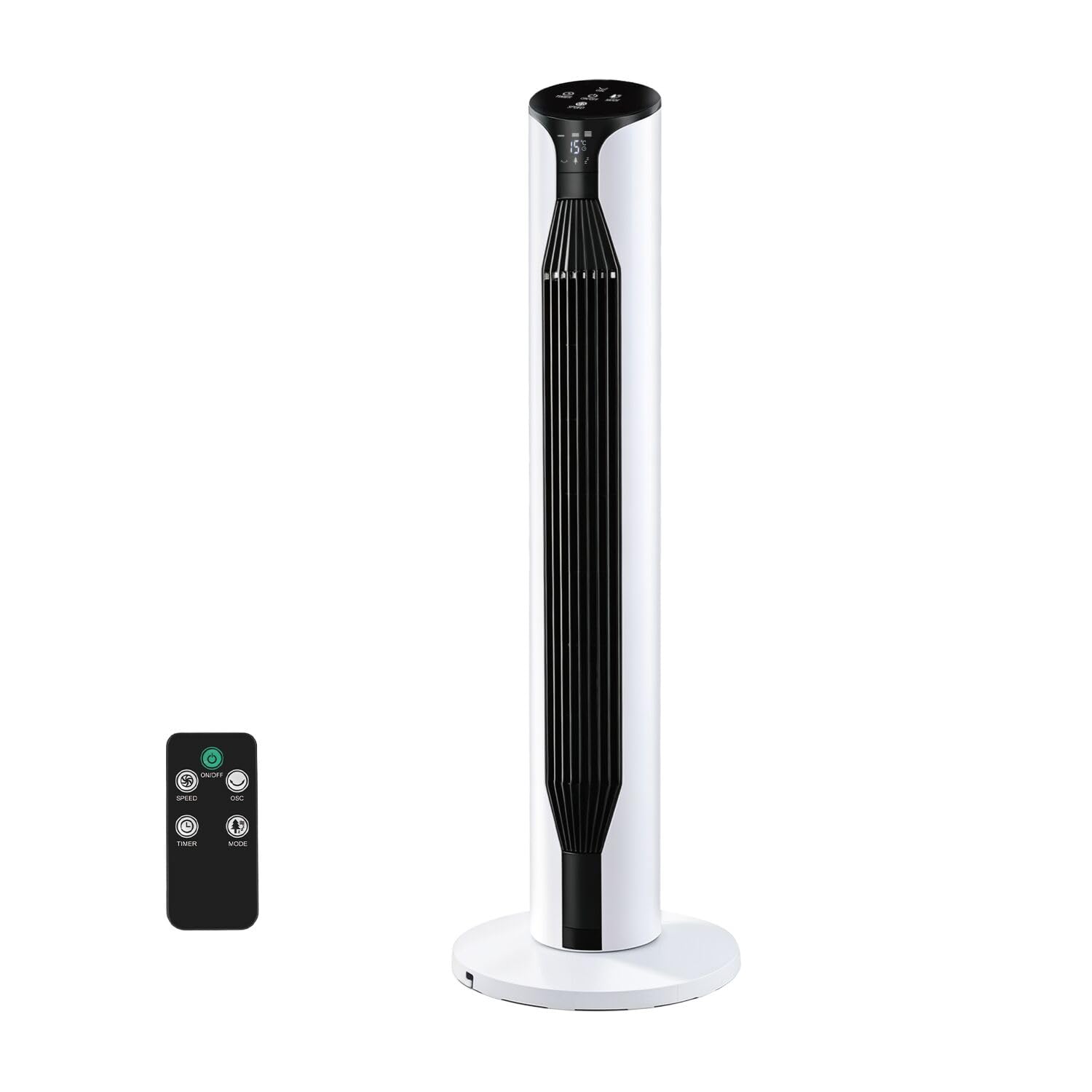 Ventilador de Pie Silencioso, Ventilador de Torre 55 W, 36'' (92cm) de Altura, Temporizador 12H Oscilación 3 Velocidades, 3 Modos, Oscilación 70°, Pantalla LED y Mando a Distancia Incluido, Blanco