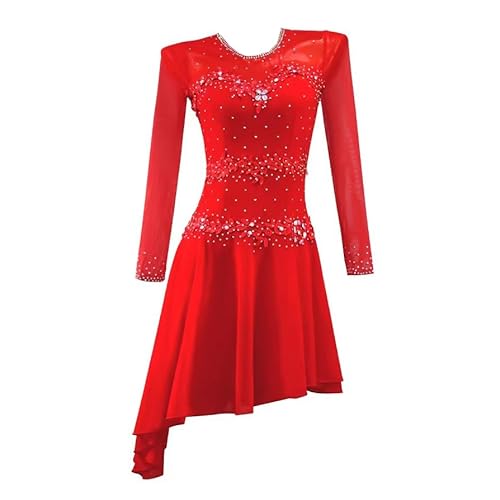 HYNNYH Red,S, Women's Latin Dance Skirt Ballroom Dancing Performance Dresses Mesh Splice Cha Cha Dancing Outfit Salsa Dance Clothes