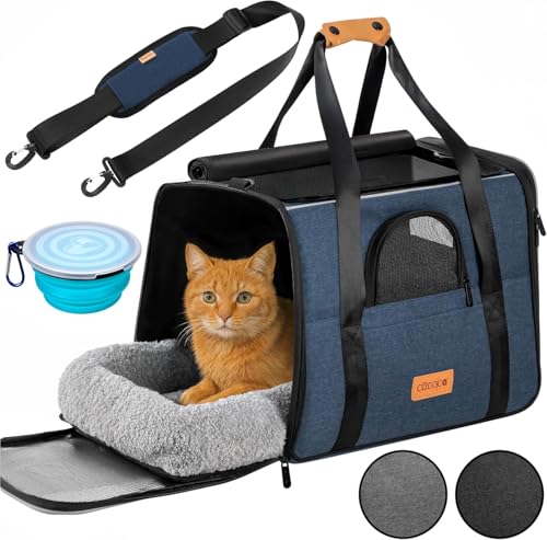 CADOCA® Transportbox Katzen bis 20kg faltbar Sonnen- und Regendach Schultergurt mit Napf Atmungsaktiv Komfortabel Wendekissen Haustier Katzenbox Tragetasche Hunde Auto Blau