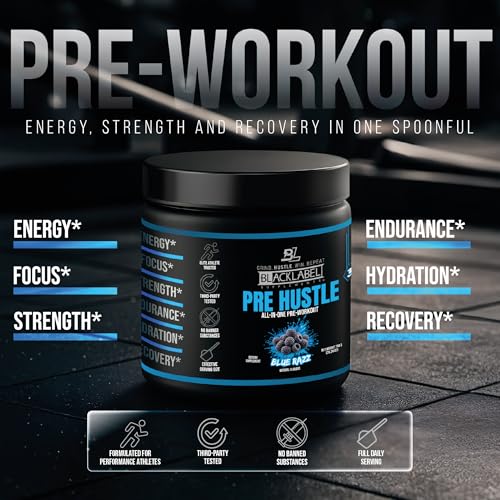 Image of BLACKLABEL Supplements PRE Hustle V3 Pre-Workout Powder - NSF Certified for Sport - Energy, Strength & Endurance Support - Blue Razz - with Creatine & Caffeine - 30 Servings