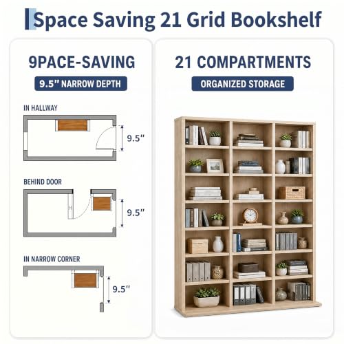 Image of Garvee 7 Tier Tall CD Display Cabinet, 21-Compartment Media Tower, Natural