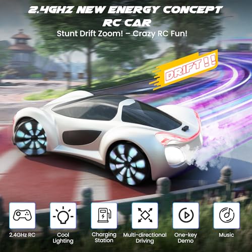 SIMREX Gesture Sensing Remote Control Car with Charging Dock - 360° Rotate Drift RC Stunt Car Toy, 40 Min Playtime, Dual Control, Spray Mist & LED Lights, Birthday Gift for Kids Boys Girls（White）