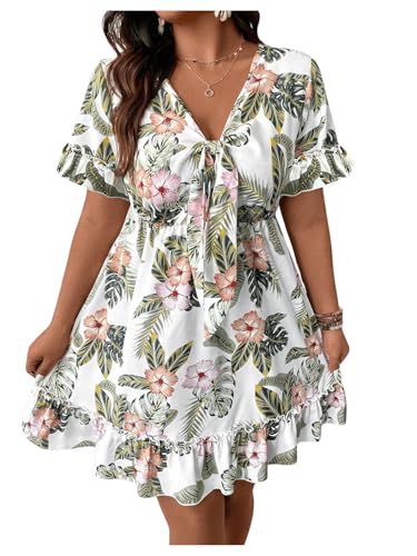 Image of SOLY HUX Women's Plus Size Boho Floral Print Short Sleeve Dress Ruffle Hem V Neck Short Dresses