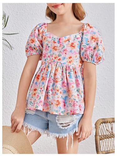 SweatyRocks Girl's Floral Print Cute Peplum Top Puff Sleeve Smocked Ruffle Shirts3