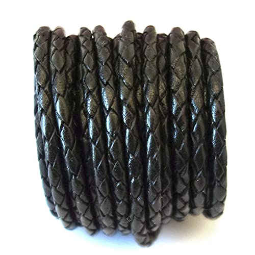Image of 4.0mm 4 Ply Round Braided Genuine Leather Cord, Regular Shiny Black Color, Hand Braided, Roll of 5 Meters