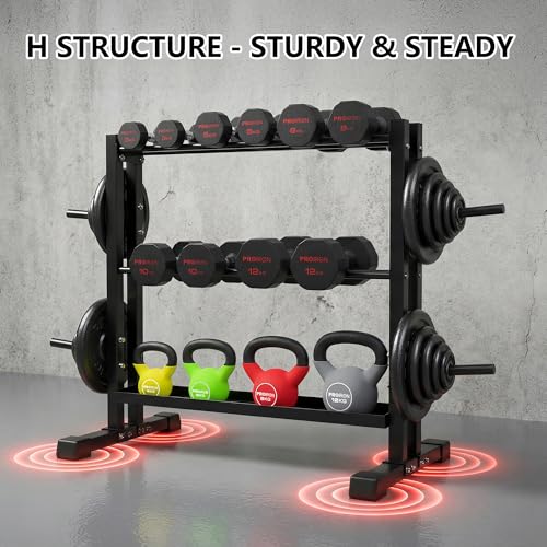 Miniatura 3 de Proiron Heavy Duty All-In-One Weight Rack, Soporte Mancuernas, Soporte De Almacenamiento De Mancuernas, Discos Pesas Y Pesas Rusas, Para Gimnasio Y Casa, 3-Niveles Acero Estante Para Mancuernas