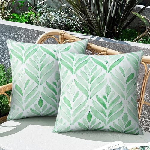 Curramet Outdoor Pillows Cover Pack Of 2 Floral Waterproof Throw Pillow Covers 18x18 Inch Abstract Green Leaf Outdoor Pillows For Patio Furniture Garden Square Outdoor Waterproof Throw Pillows : Patio