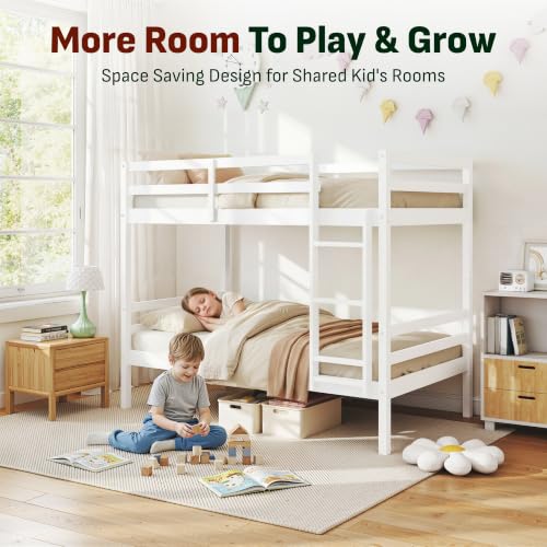 Image of Softa Twin Over Twin Bunk Bed for Kids, Solid Wood Bunk Bed Frame, 13 inch High Guardrails and Ladder, 400 lbs Weight Capacity, 11.9 inch Under-Bed Storage, No Box Spring Needed