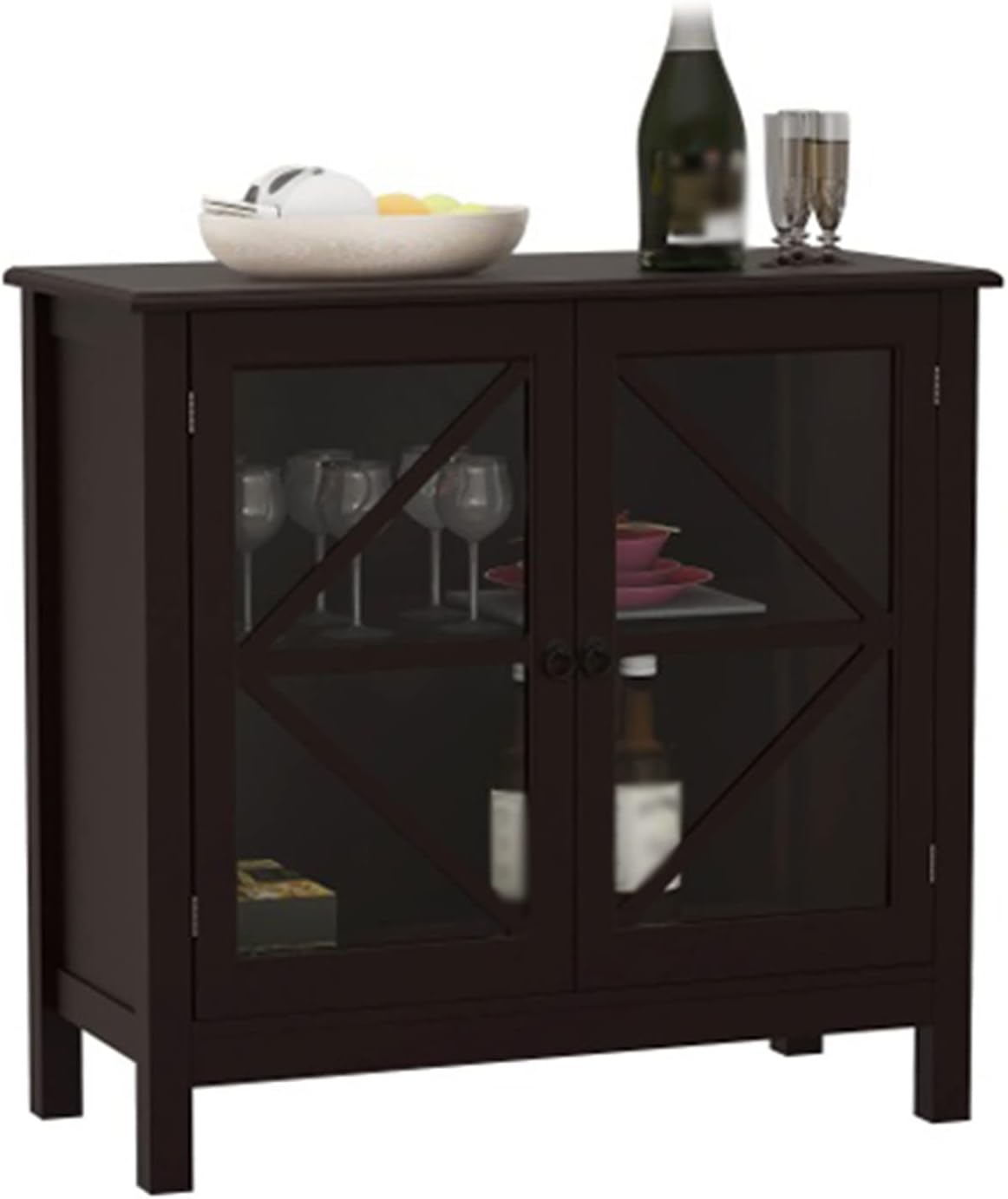 Aparadores para Comedor Home Living Room Sideboard Floor Mounted Kitchen Cutlery Storage Cabinet with Double Glass Door Console Table 32x30x14in Bufetera(White)