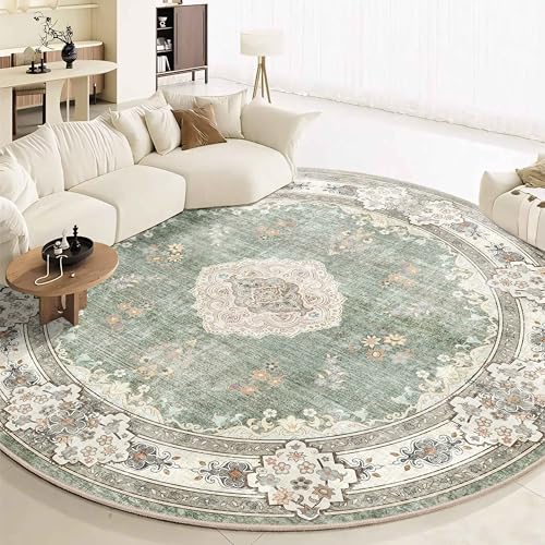 MUJOO Green Round Rug 9ft,Circle Washable Area Rug Non Slip Floral