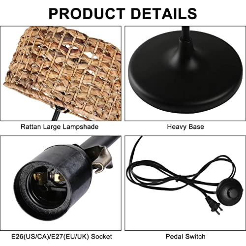 Lustorm 1 Boho Floor Lamp Standing Lighting With Straw Rattan Round Lampshade Industrial Style E26 Lighting With Pedal On/Off Switch Cable Lamps For Bedroom #TOP6