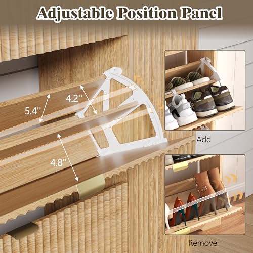 Image of Shoe Cabinet Storage for Entryway with 3 Flip Drawers & Side Cabinet, Fluted Narrow Shoe Organizer with Wooden Leg, Freestanding Shoe Storage Hidden Shoe Rack Organizer for Front Door Entrance, Oak