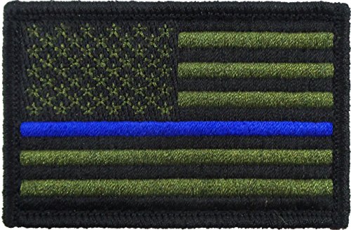 USA American Thin Blue Line Police Flag Tactical Hook and Loop Fully Embroidered Morale Tags Patch (Green and Black)