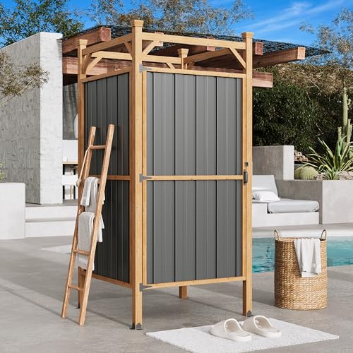 EROMMY Outdoor Shower Enclosure with Lockable Door Weatherproof Outdoor Shower Stall with Metal Panels Hooks & Shelves - Perfect for Pool Wash Station Backyard & Beach Rinse Area Small Version