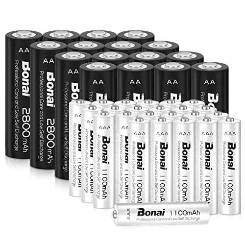 Bonai Aaa Rechargeable Batteries 1100Mah Triple-A Ni-Mh 1.2V Low Self Discharge Battery (24 Pack) With Rechargeable Aa Batteries 2800Mah Double A Ni-Mh High Capacity (16 Pack) #TOP21