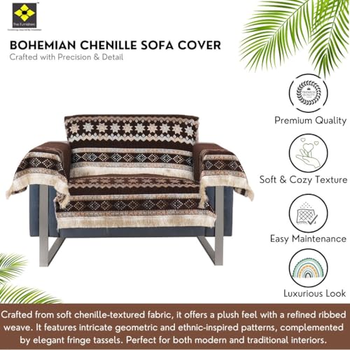 Image of Elegant Woven Brown Sofa Cover Soft Chenille Traditional Pattern with Lace Style | L-Shape Sectional Seat Protector for Living Room | Durable & Stylish Slipcover 1 Seater with Arms