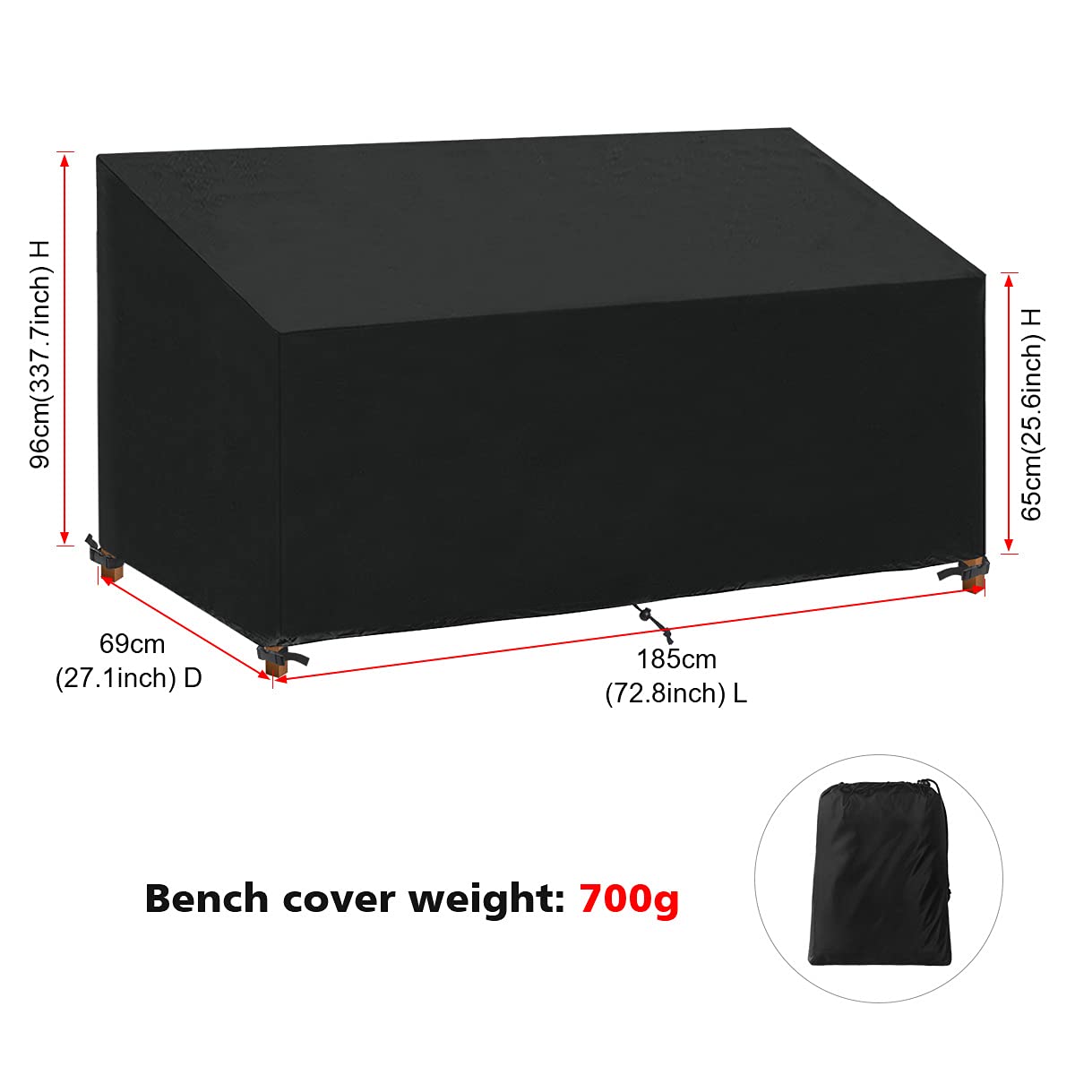 Housse Banc de Jardin 4 Places Imperméable Anti-UV 185x69x65/96cm