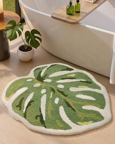 Color&Geometry Cute Green Monstera Leaf Bathroom Rug, Soft Shaggy Absorbent