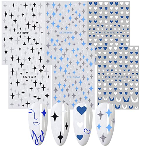 French Star Nail Art Stickers 3D Stickers for Nails Supply Self-Adhesive Heart Flame Nail Decals Four Corners Blue Star Design DIY Laser Glitter Sticker for Manicure Decorations 6 Sheets