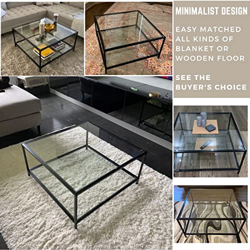 Furniturer Coffee Tea Table Square Tempered Glasstop, Black Metal Frame, Leg With Bottom Shelf For Living Room,Home Office,W31.5Xd31.5Xh16.5 Inches #TOP7