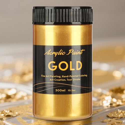 Image of 300ml Gold Metallic Acrylic Paint, Non Toxic Waterproof Gold Metallic Acrylic Paint for Fabric, Leather, Ceramic, Canvas, Rocks, Metal, Plastic, Glass