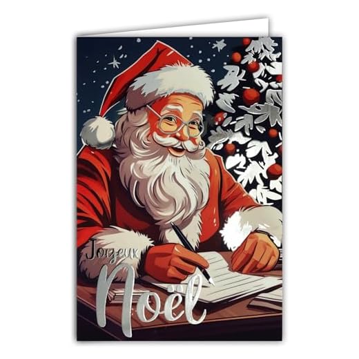 61-5830 Carte Joyeux Noël avec texte argenté et enveloppe blanche format 12x17,5cm - Père-Noël avec son bonnet à pompon en train d'écrire une lettre en réponse aux enfants sages - Fabriqué en France